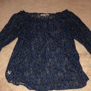 See Through Navy Blue Flower Blouse